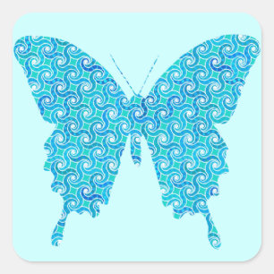 Pegatina Cuadrada Mariposa, patrón en azul, turquesa, blanco
