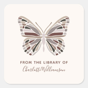 Pegatina Cuadrada Mariposa personalizada de la biblioteca de exlibri