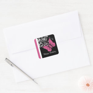 Pegatina Cuadrada Mariposa personalizada Swirls Cranberry Pink