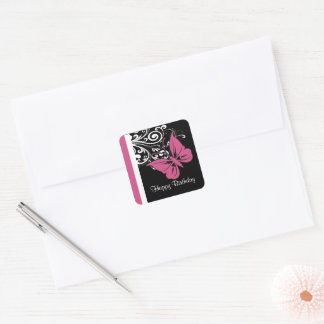 Pegatina Cuadrada Mariposa personalizada Swirls Cranberry Pink