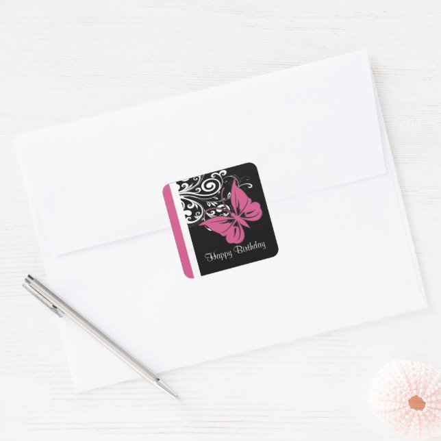 Pegatina Cuadrada Mariposa personalizada Swirls Cranberry Pink (Sobre)