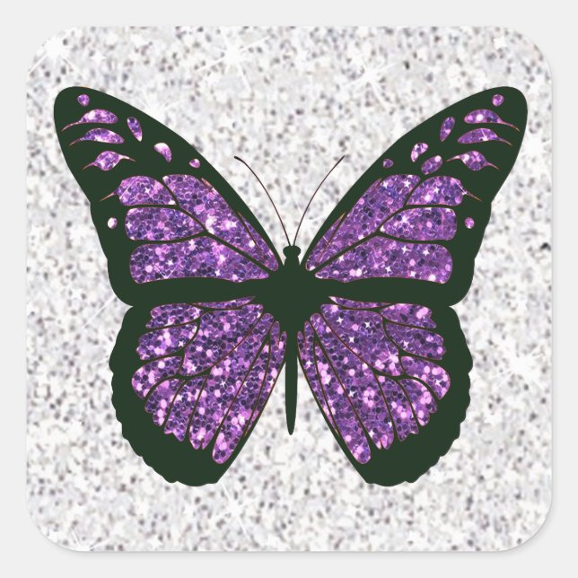 Pegatina Cuadrada Mariposa Purpurinoso de imitación blanca y púrpura (Anverso)