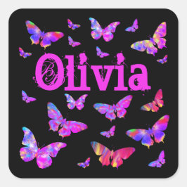 Pegatina Cuadrada Mariposa rosa y morada Pop Art Olivia Añadir nombr