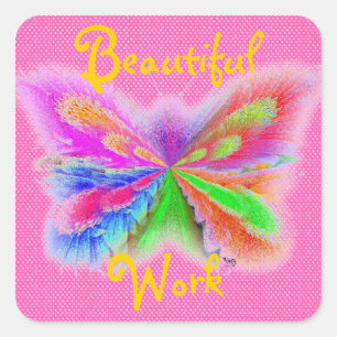 Pegatina Cuadrada Mariposa rosada Polkadot