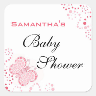 Pegatina Cuadrada Mariposa rosada y blanca Baby Shower elegante