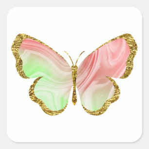 Pegatina Cuadrada Mariposa verde arcoíris rojo con brillo dorado