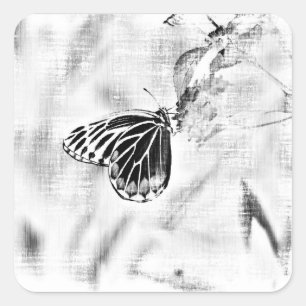 Pegatina Cuadrada Mariposa vintage en flor - Negro y blanco 2