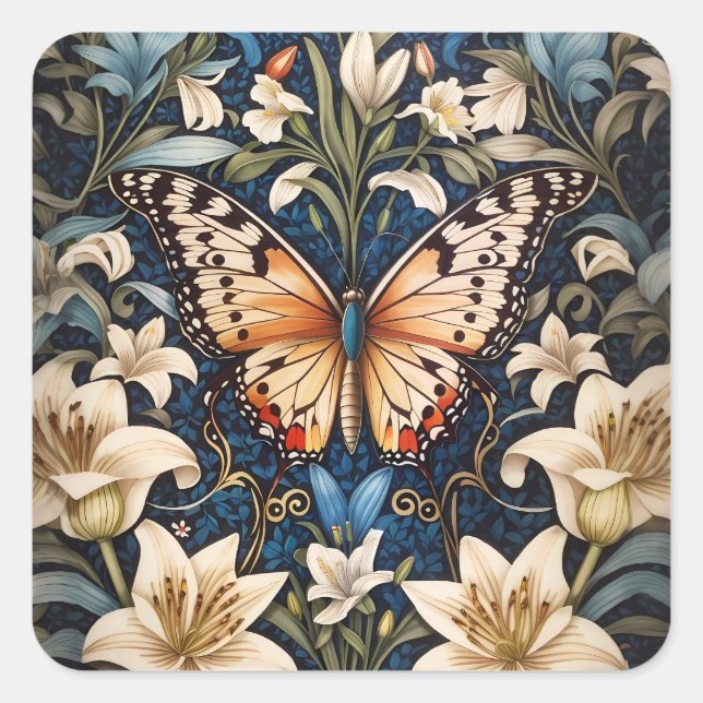 Pegatina Cuadrada Mariposa y Lilies Botánico (Anverso)