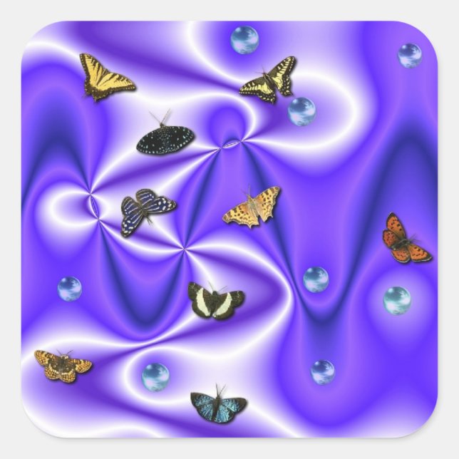 Pegatina Cuadrada Mariposa y Perlas en seda morada (Anverso)