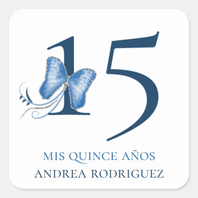 Pegatina Cuadrada Mariposas azules y nalgas Quinceañera (Anverso)
