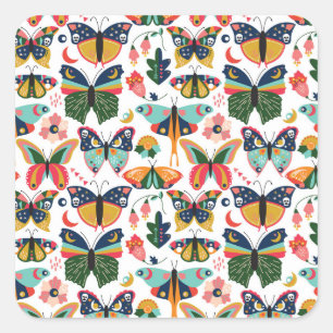 Pegatina Cuadrada Mariposas Boho: Patrón de papel tapiz sin costura.