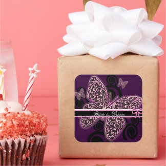 Pegatina Cuadrada Mariposas Bride Groom Swirl Morado Blanco Negro