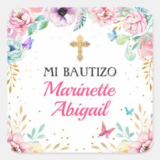 Pegatina Cuadrada Mariposas Chicas del bautismo y flores rosas