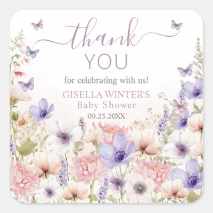 Pegatina Cuadrada Mariposas de flores silvestres rosadas bebe en flo