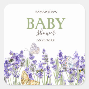 Pegatina Cuadrada Mariposas de Lavanda Botanical Baby Shower