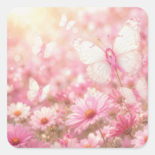 Pegatina Cuadrada Mariposas de lazo rosa en el jardín