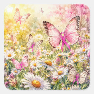 Pegatina Cuadrada Mariposas de lazo rosa en un campo soleado