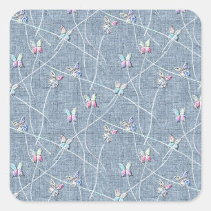 Pegatina Cuadrada Mariposas de relieve al acuarela sobre lino azul d
