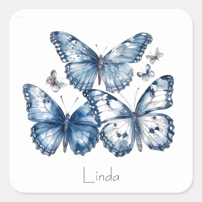 Pegatina Cuadrada Mariposas en azul Delft, personalizable (Anverso)
