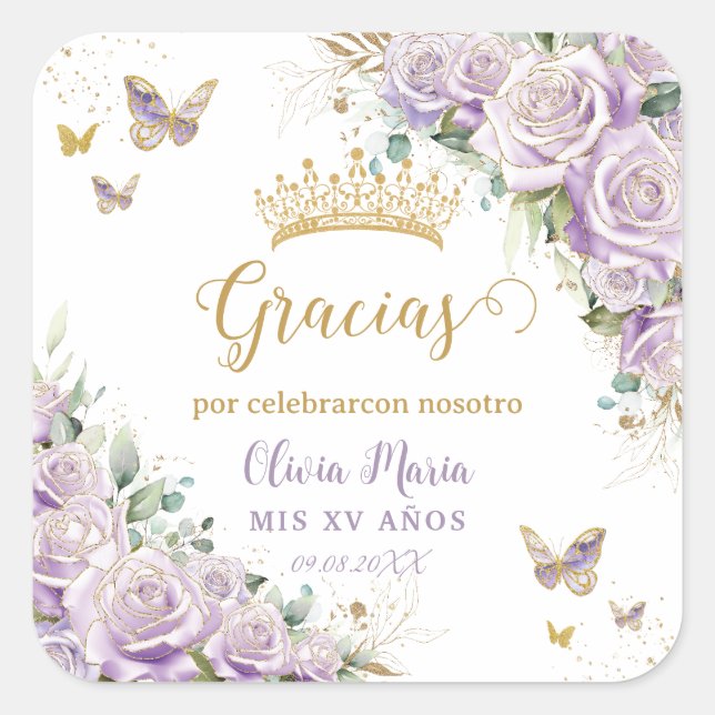 Pegatina Cuadrada Mariposas Florales Púrpura Lilac Quinceañera 15 16 (Anverso)