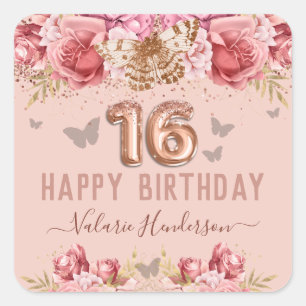 Pegatina Cuadrada Mariposas Florales Rosa Felices 16 Años
