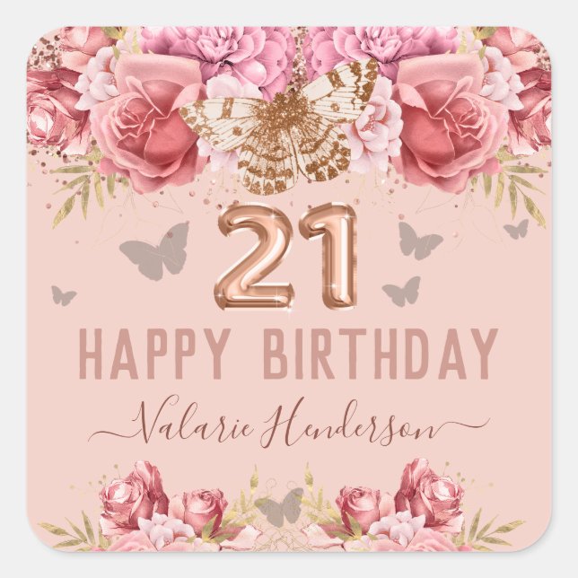 Pegatina Cuadrada Mariposas Florales Rosa Feliz cumpleaños número 21 (Anverso)