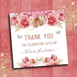 Pegatina Cuadrada Mariposas Florales Rosa Gracias Baby Shower