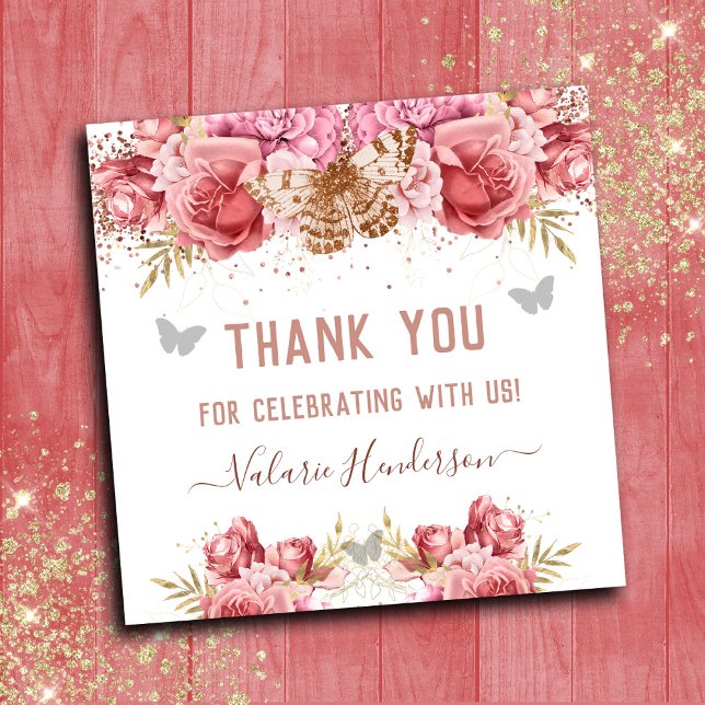 Pegatina Cuadrada Mariposas Florales Rosa Gracias Baby Shower (Subido por el creador)