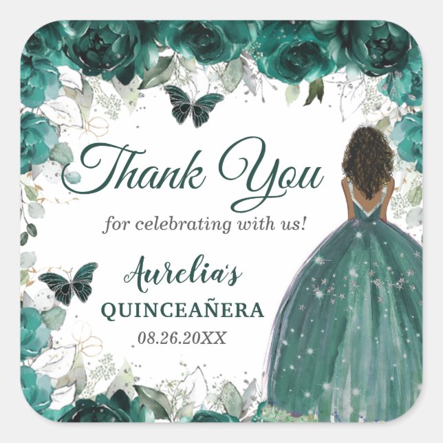 Pegatina Cuadrada Mariposas florales verdes esmeraldas princesa marr (Anverso)
