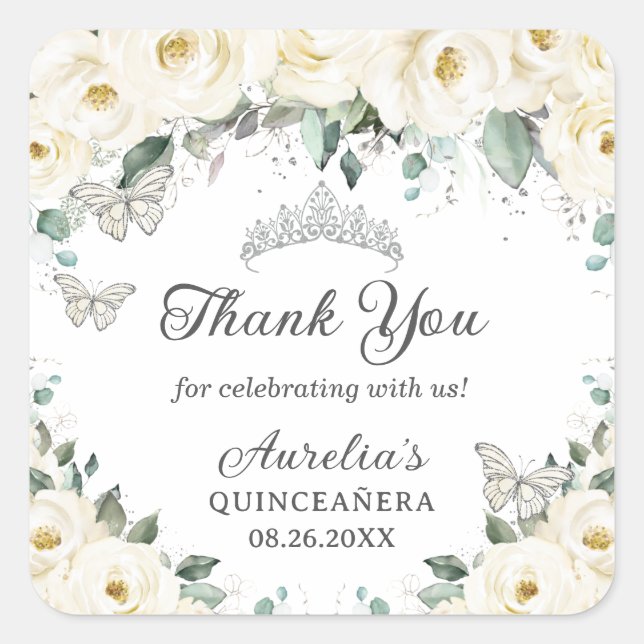 Pegatina Cuadrada Mariposas plateadas florales blancas Princesa Tiar (Anverso)
