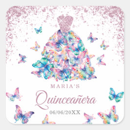 Pegatina Cuadrada Mariposas Rosa de oro esparcen a Quinceanera