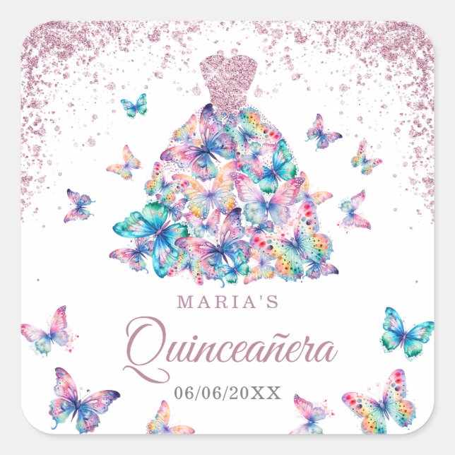 Pegatina Cuadrada Mariposas Rosa de oro esparcen a Quinceanera (Anverso)