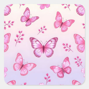 Pegatina Cuadrada Mariposas rosadas y patrón de flores