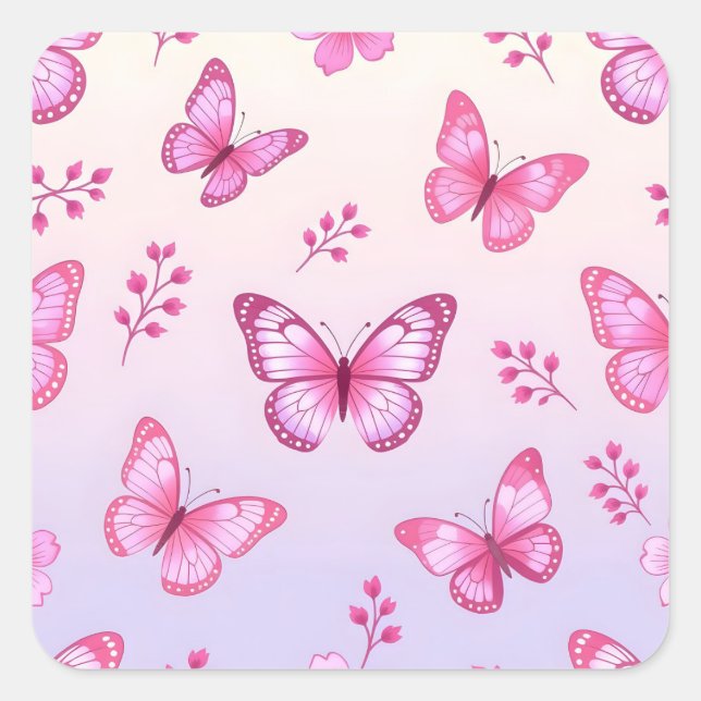 Pegatina Cuadrada Mariposas rosadas y patrón de flores (Anverso)