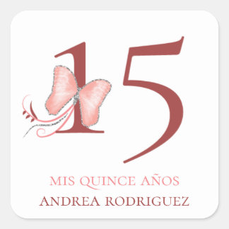 Pegatina Cuadrada Mariposas rosadas y Swirls Quinceañera