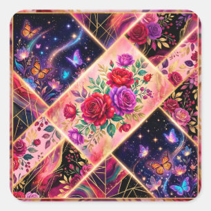 Pegatina Cuadrada Mariposas, Sueños Florales y Elegancia Dorada