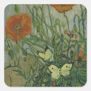 Pegatina Cuadrada Mariposas y amapolas por Vincent van Gogh