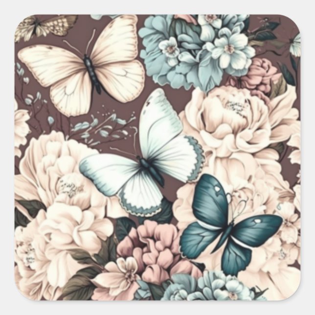 Pegatina Cuadrada Mariposas y flores marrones (Anverso)