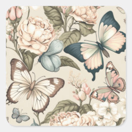 Pegatina Cuadrada Mariposas y flores pastel