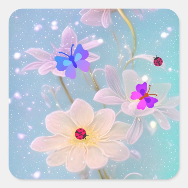 Pegatina Cuadrada mariposas y ladybugs (Anverso)