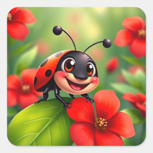 Pegatina Cuadrada Mariquita de dibujos animados sonriente sentada en