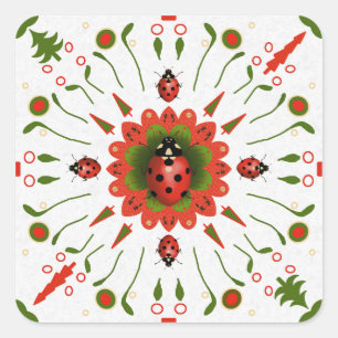 Pegatina Cuadrada Mariquita de Navidad Rojo Blanco Verde Dibujada a 