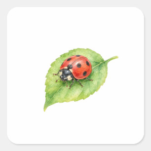 Pegatina Cuadrada Mariquita en una Hoja Verde