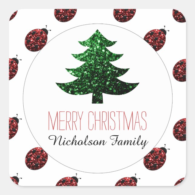 Pegatina Cuadrada Mariquita + verde árbol de Navidad brillante etiqu (Anverso)