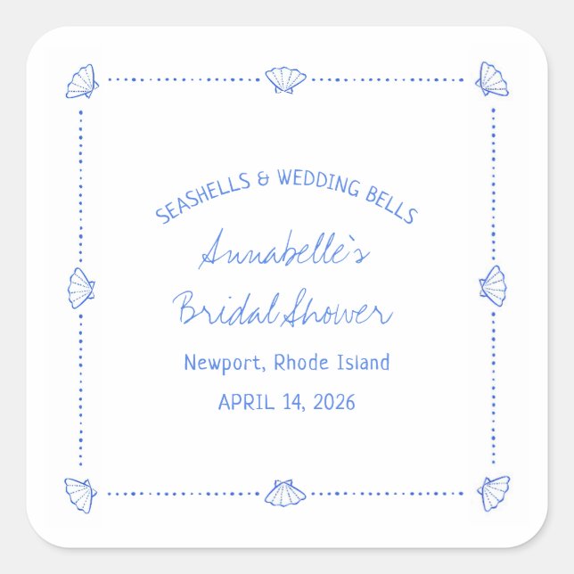 Pegatina Cuadrada Mariscos Dibujados a Mano & Campanas de Boda Brida (Anverso)