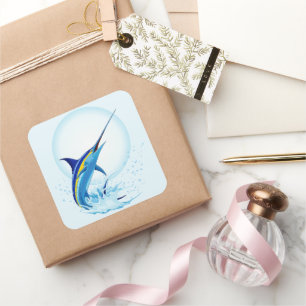 Pegatina Cuadrada Marlín Azul Saltando fuera del Océano