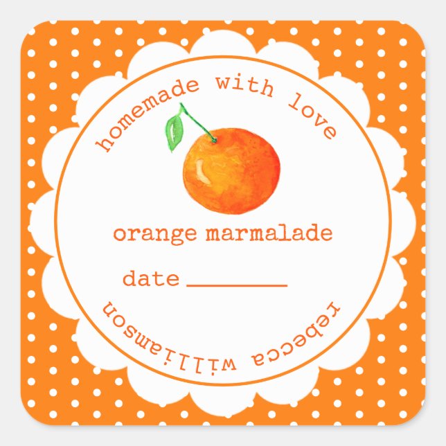 Pegatina Cuadrada Marmalade Jar Square, Naranja casero personalizado (Anverso)