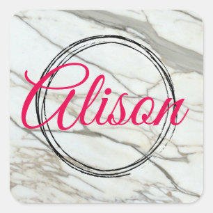 Pegatina Cuadrada Mármol blanco moderno, nombre personalizado rosa