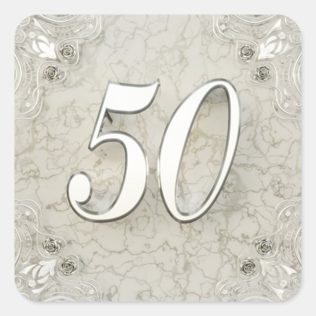 Pegatina Cuadrada Mármol de plata de cumpleaños o aniversario 50 (Anverso)