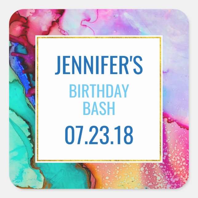 Pegatina Cuadrada Mármol rosa y turquesa abstracto acuarela (Anverso)